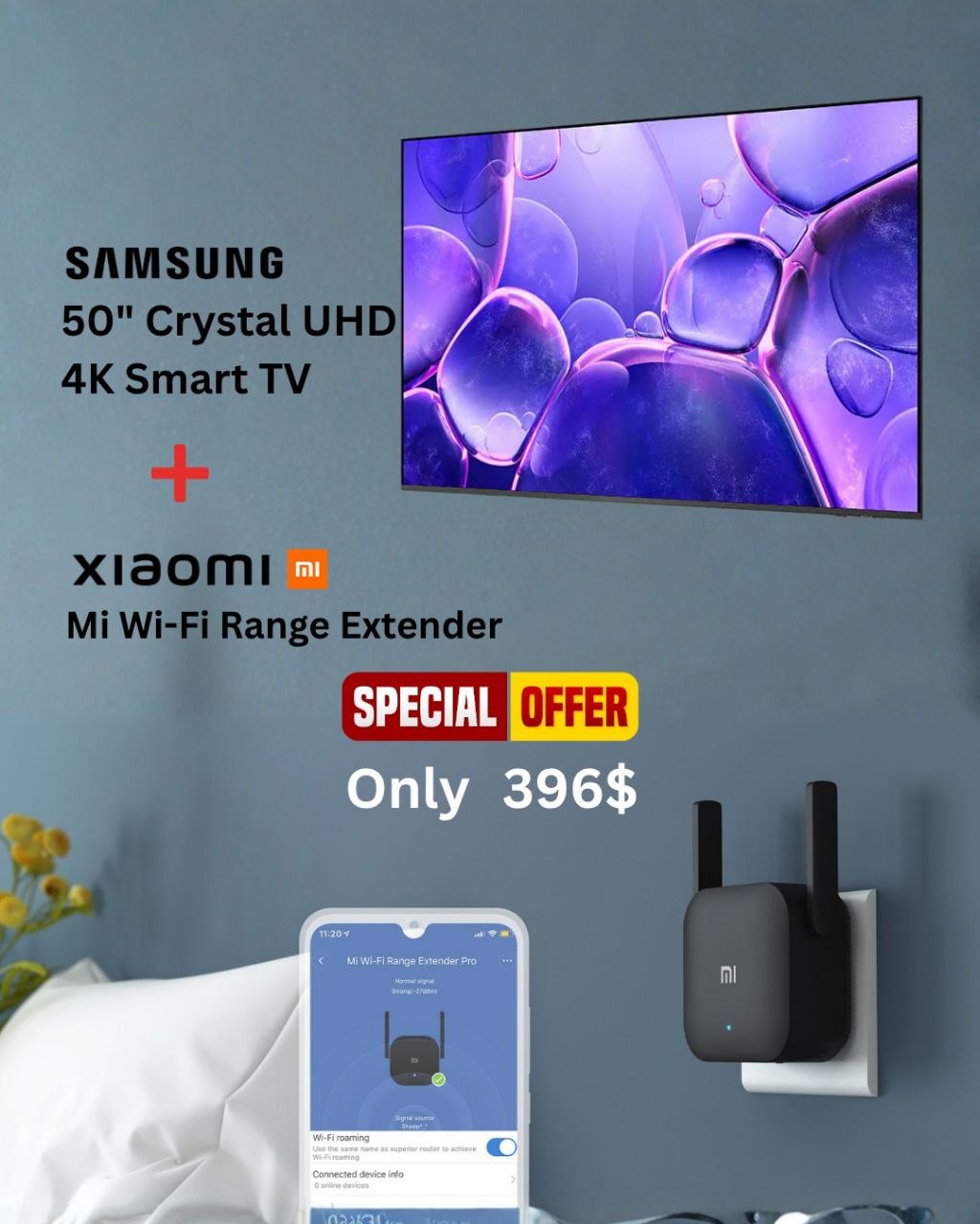 Samsung 50" Crystal UHD 4K Smart TV ----------------- Xiaomi Mi Wi-Fi Range Extender  2×2 External Antenna with Enhanced Wi-Fi Coverage